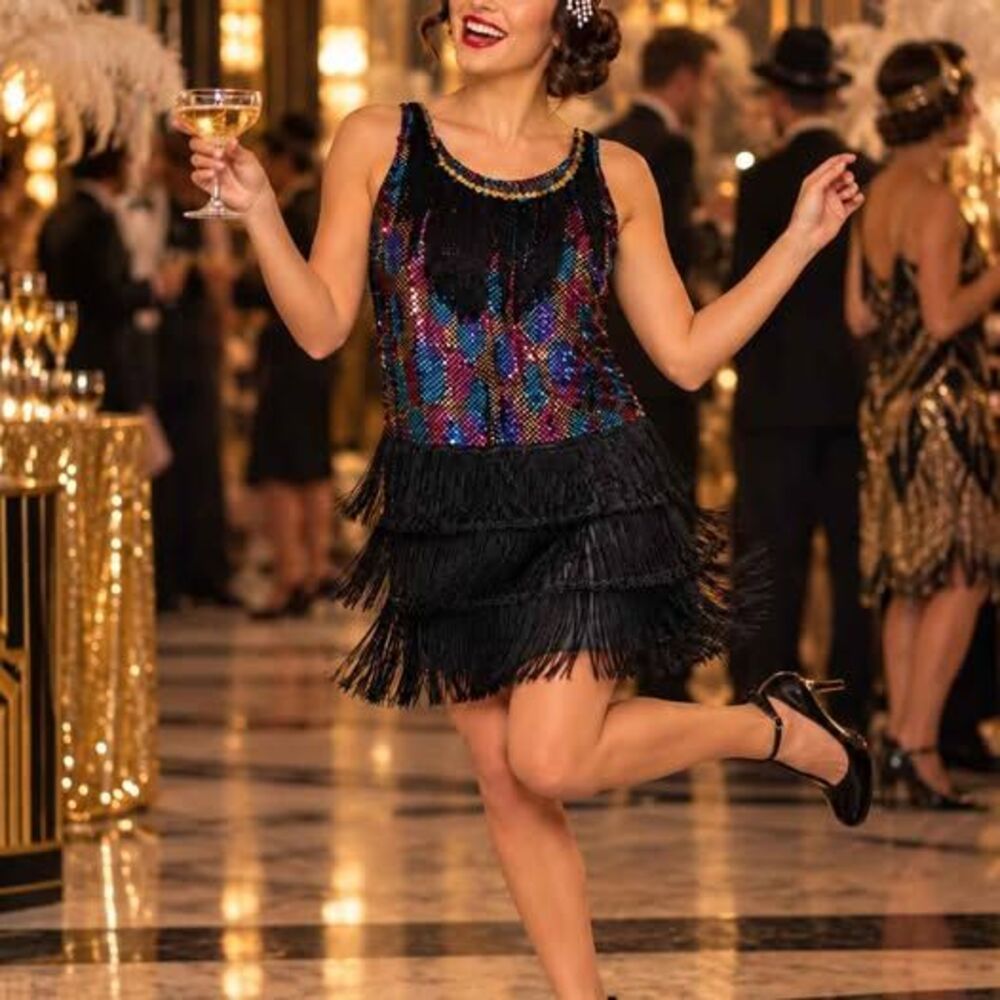 California Costume Collection Flapper Dress Size L 1920s Gatsby Fringe Sequin
